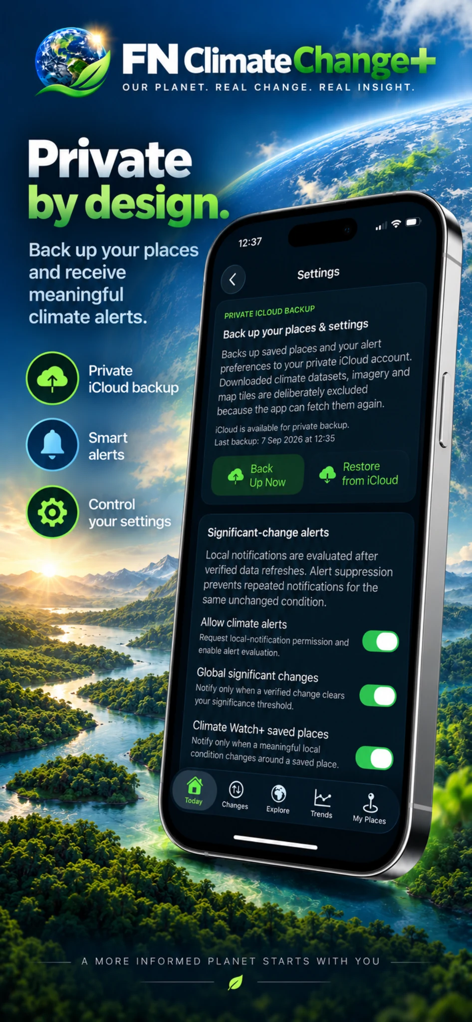 FN Climate Change+ private backup and alerts screen