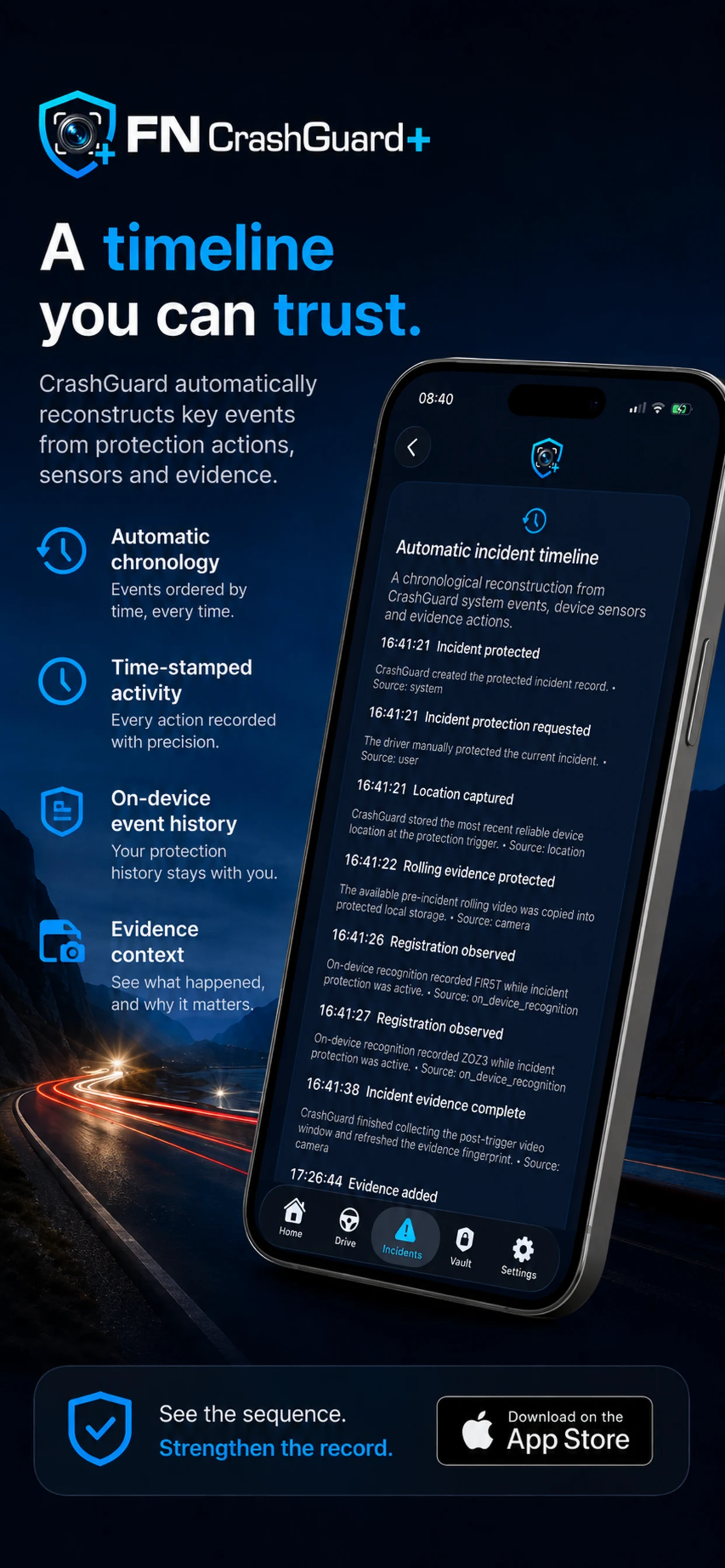 FN CrashGuard+ automatic timeline promotional screen