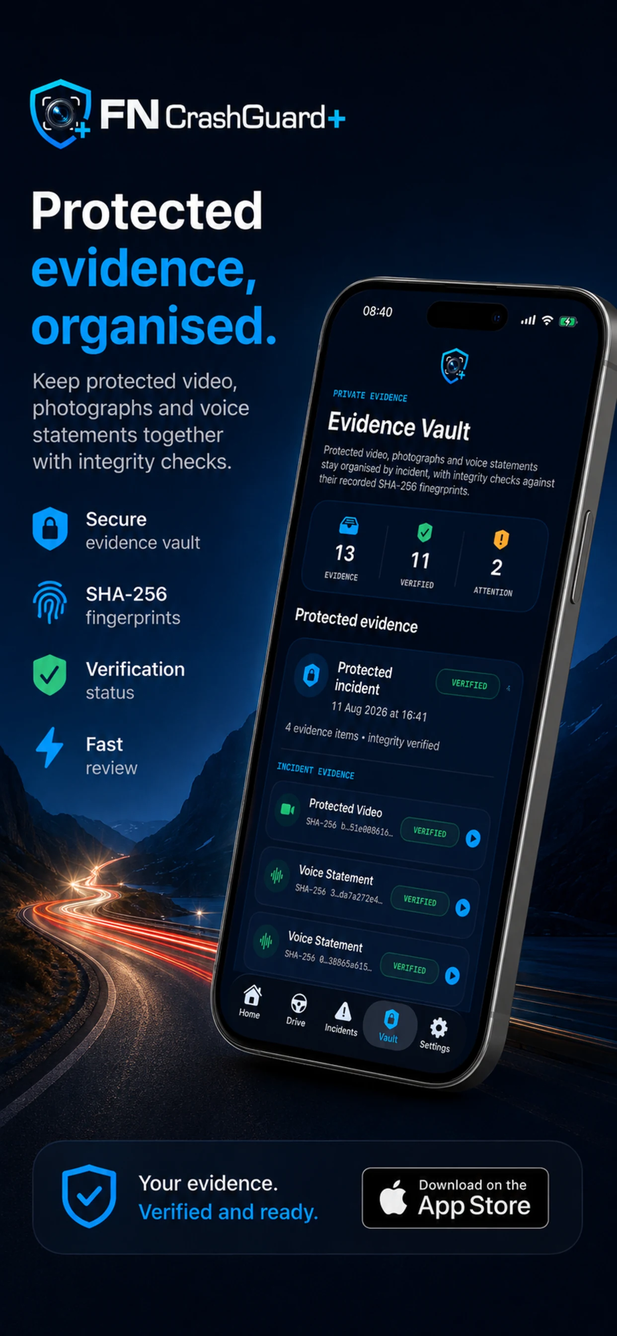 FN CrashGuard+ evidence vault promotional screen