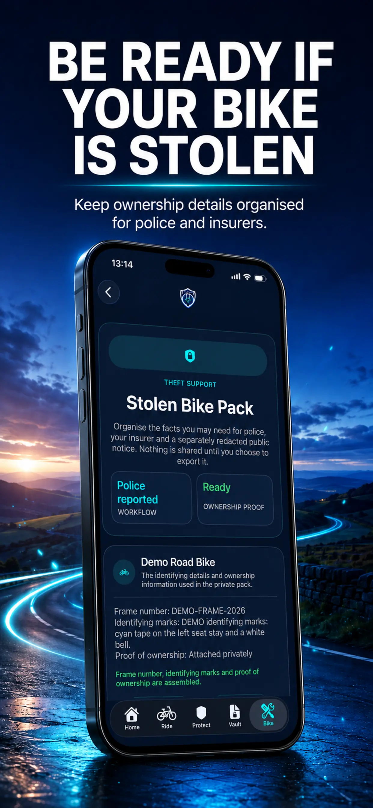FN Cyclist+ bike theft preparation screen