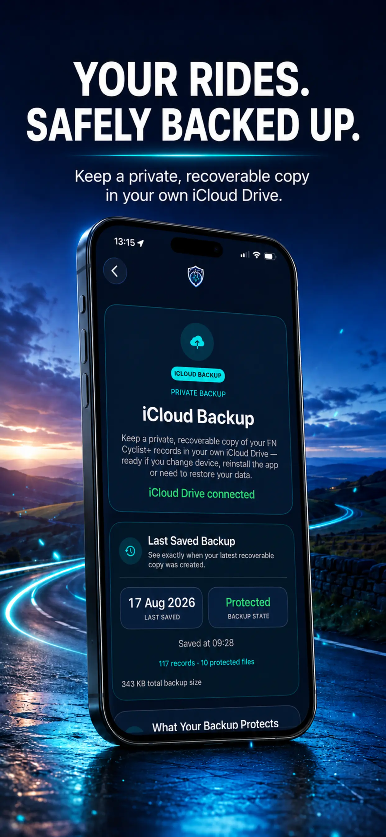 FN Cyclist+ iCloud backup screen