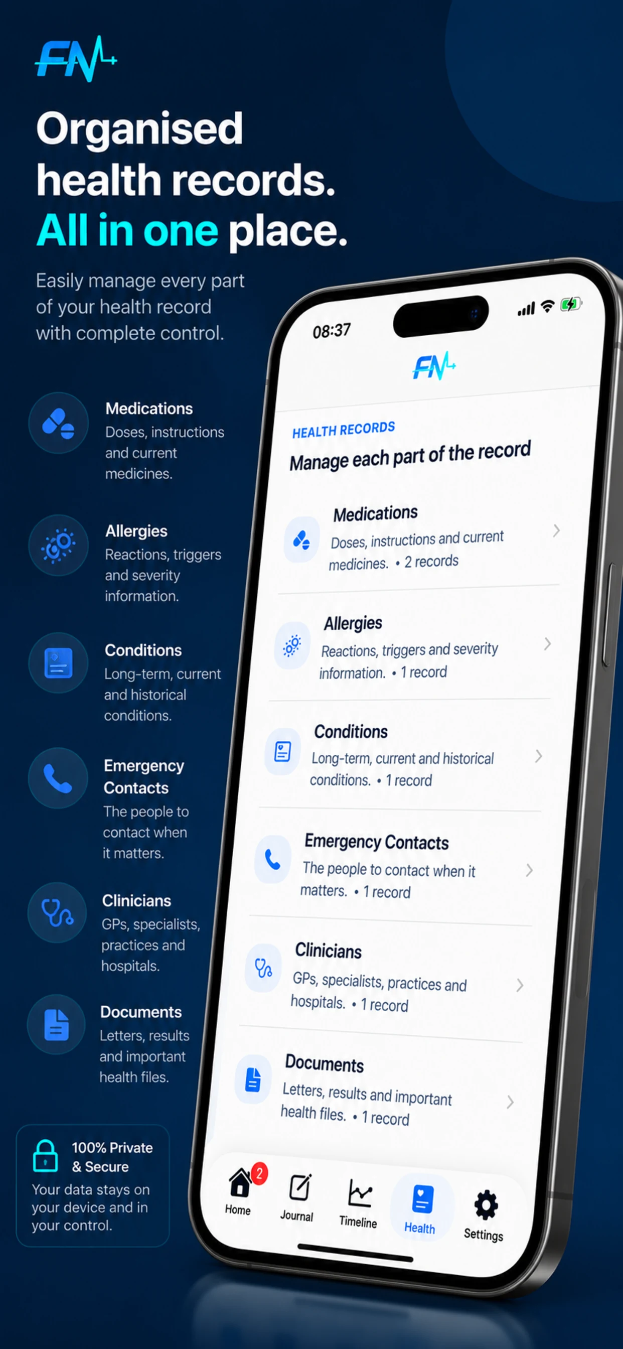 FN Health Plus privacy and settings screen