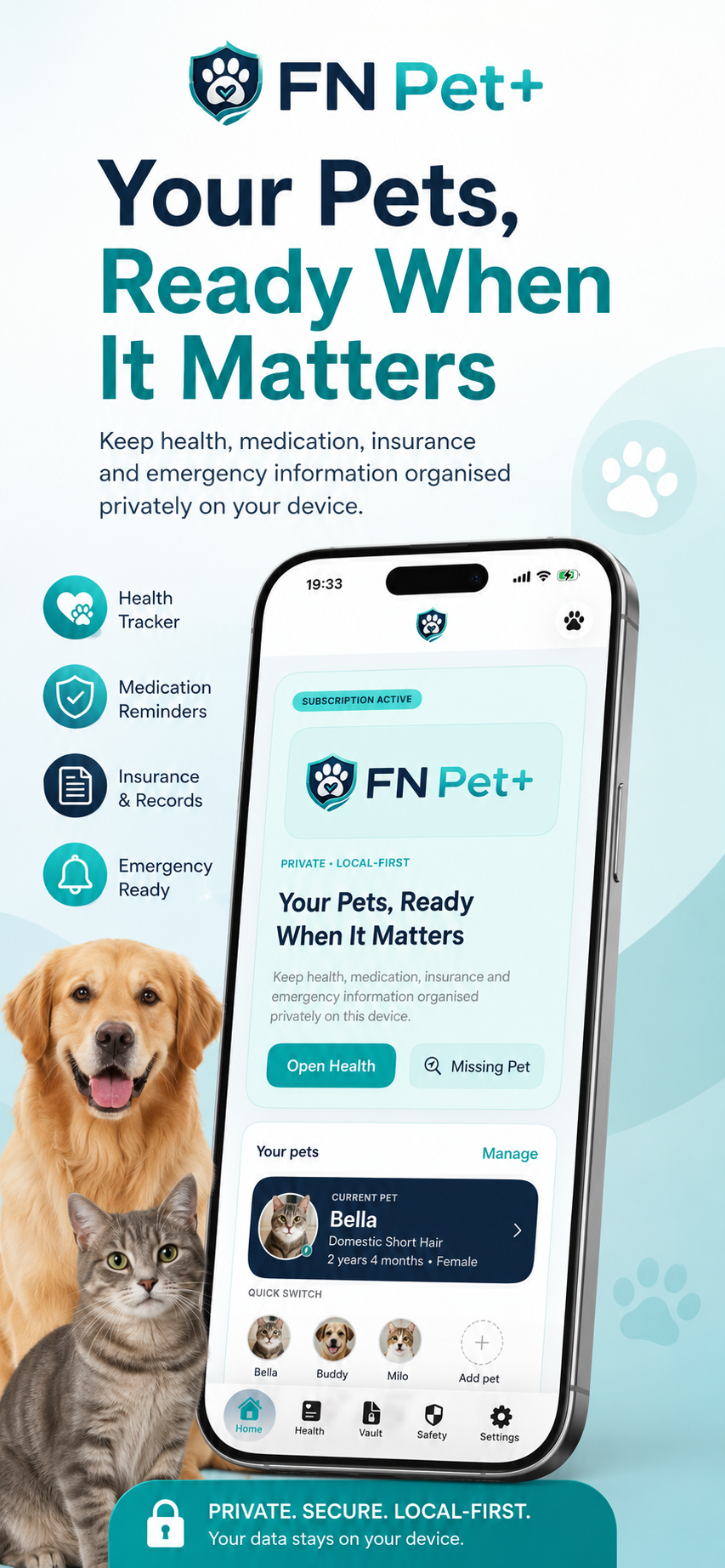 FN Pet Plus home dashboard promotional screen