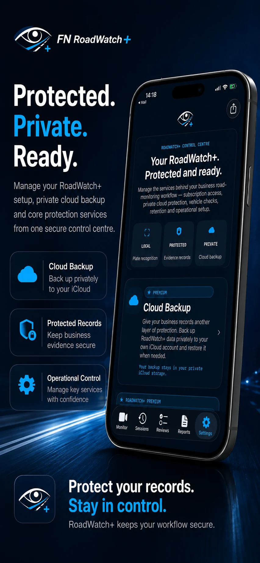 FN Roadwatch+ privacy and backup promotional screen