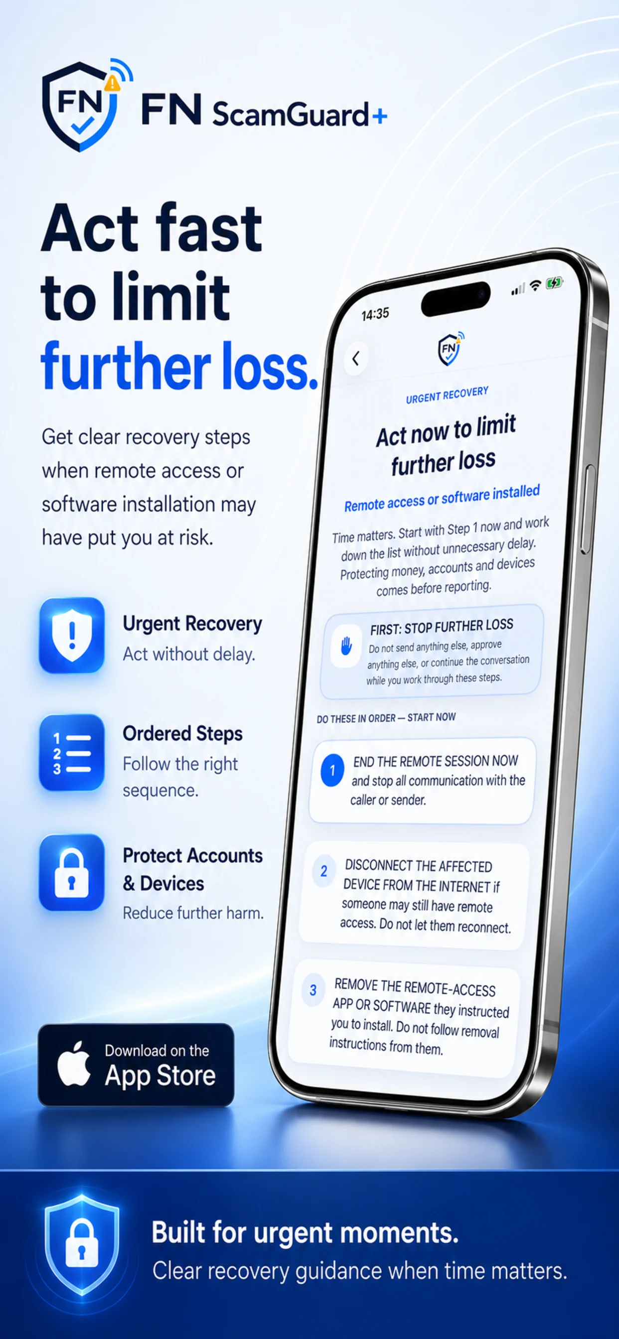 FN ScamGuard+ urgent recovery promotional screen