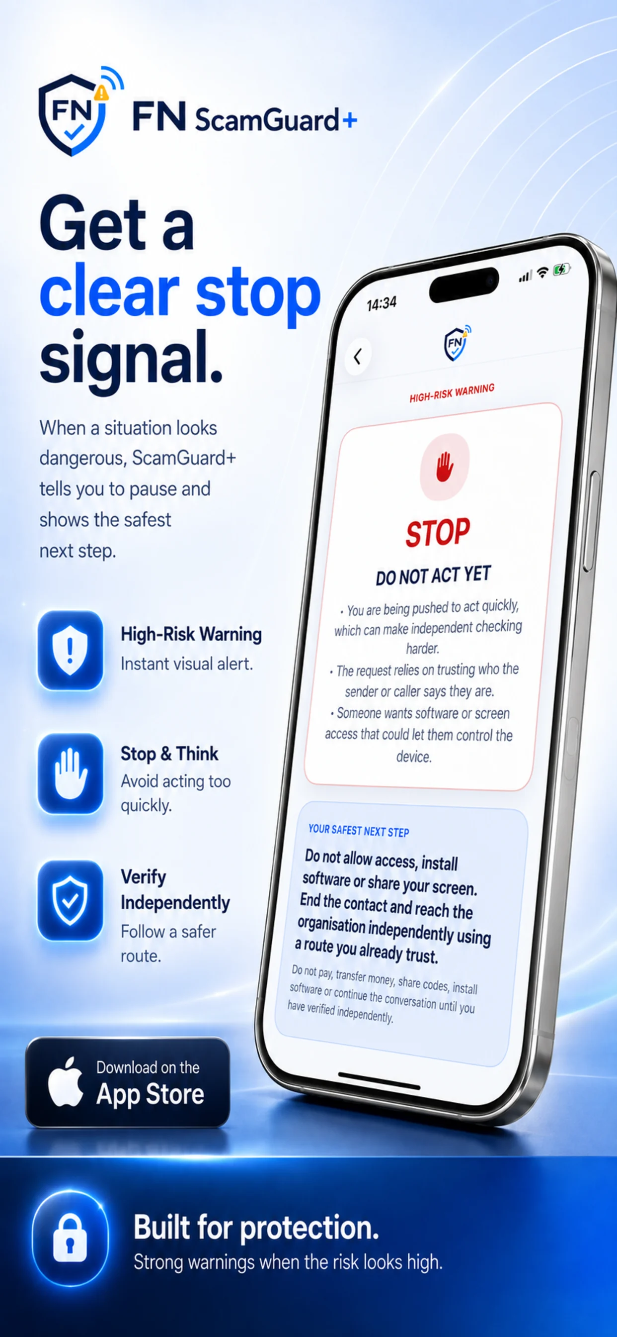 FN ScamGuard+ high-risk stop signal promotional screen