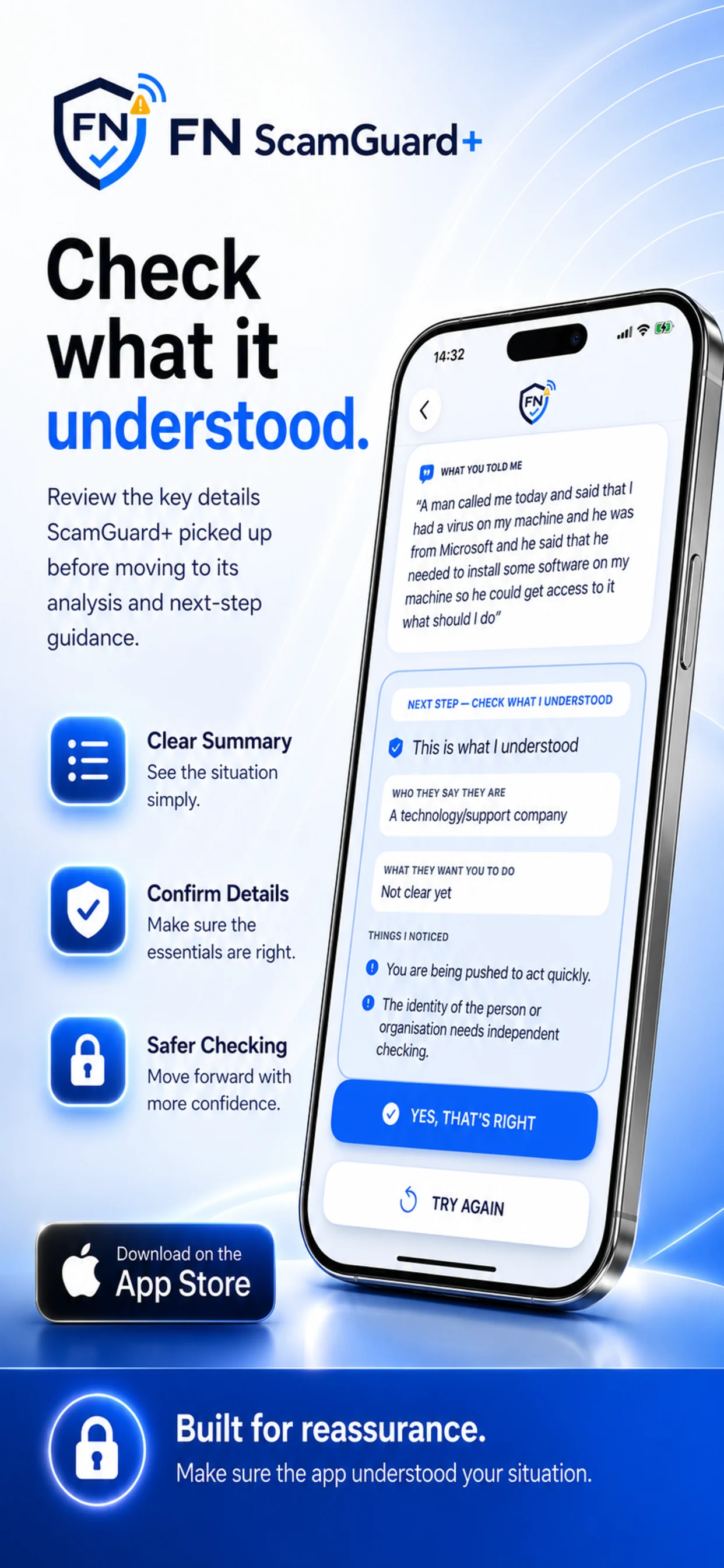 FN ScamGuard+ clear understanding promotional screen