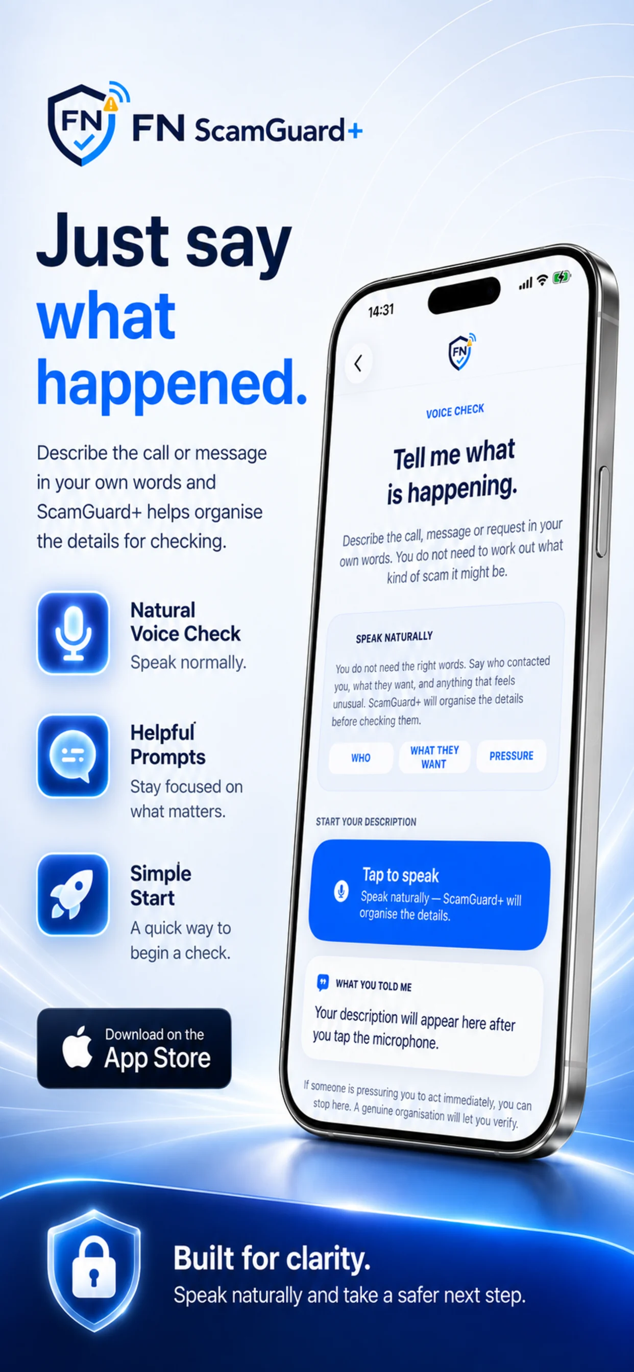 FN ScamGuard+ voice-led scam checking promotional screen