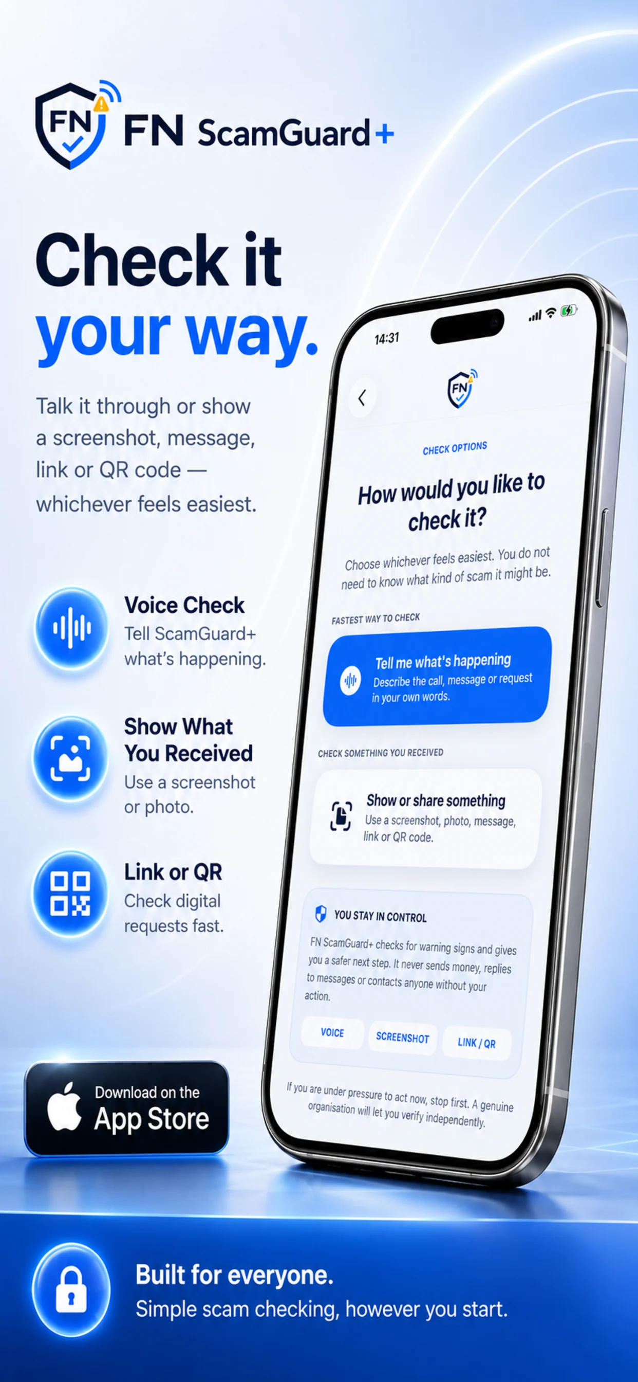 FN ScamGuard+ checking options promotional screen