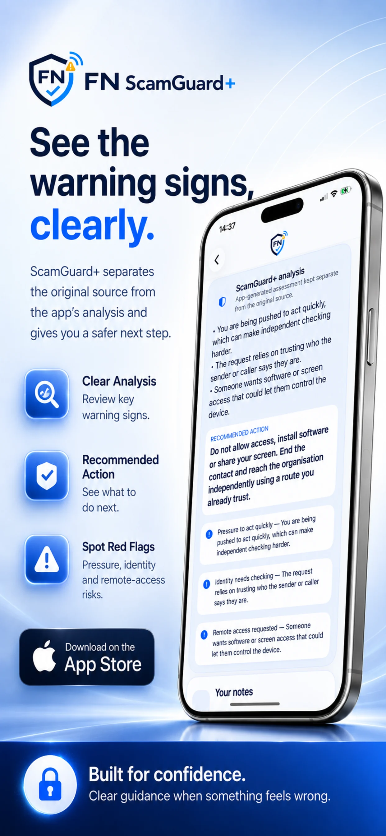 FN ScamGuard+ scam warning analysis promotional screen