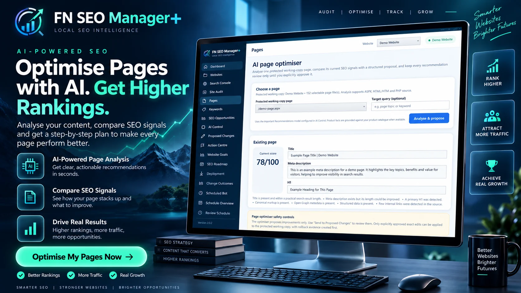 FN SEO Manager+ AI page optimiser promotional view