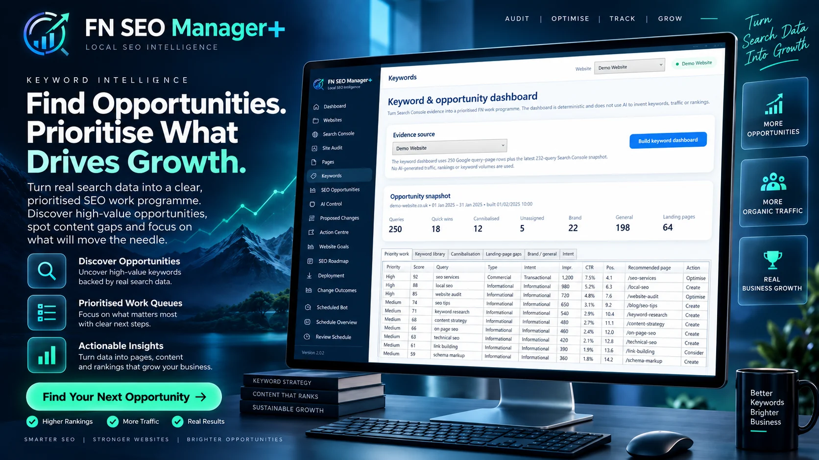 FN SEO Manager+ keyword and opportunity dashboard promotional view