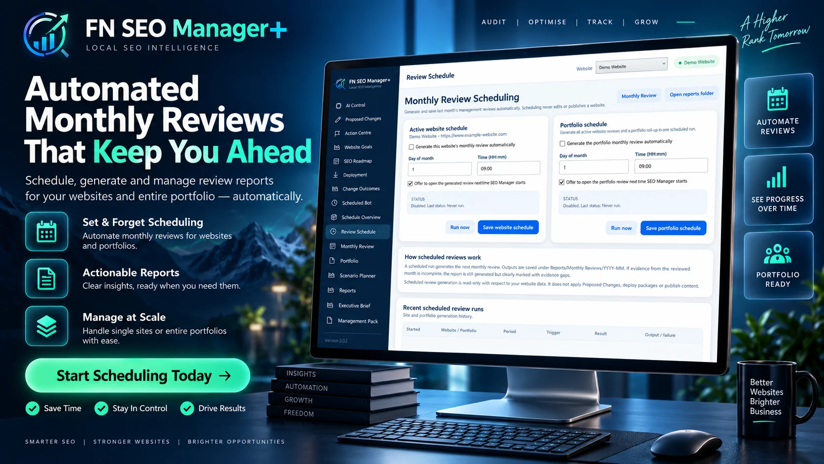 FN SEO Manager+ automated monthly review scheduling promotional view