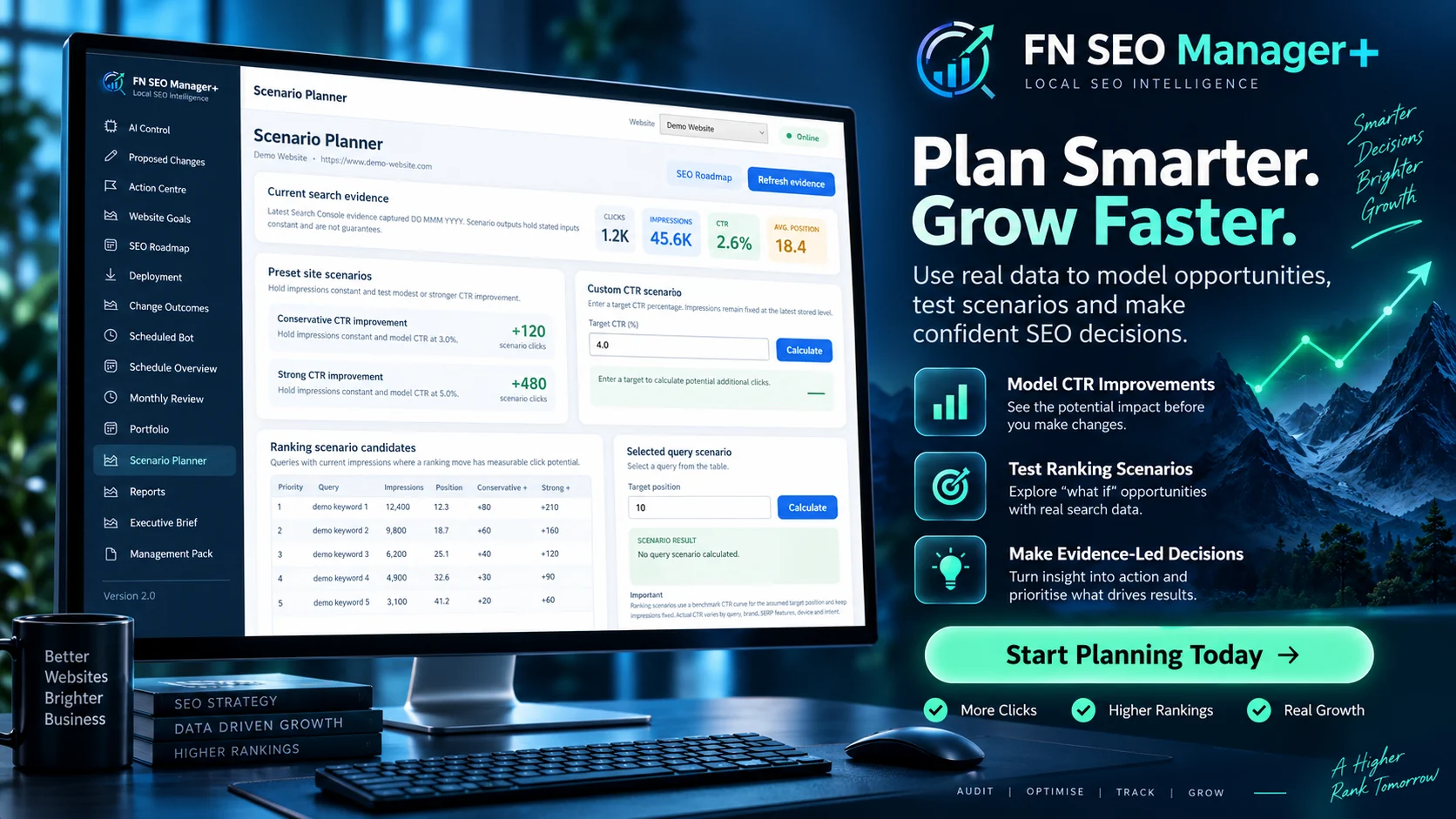 FN SEO Manager+ scenario planner promotional view