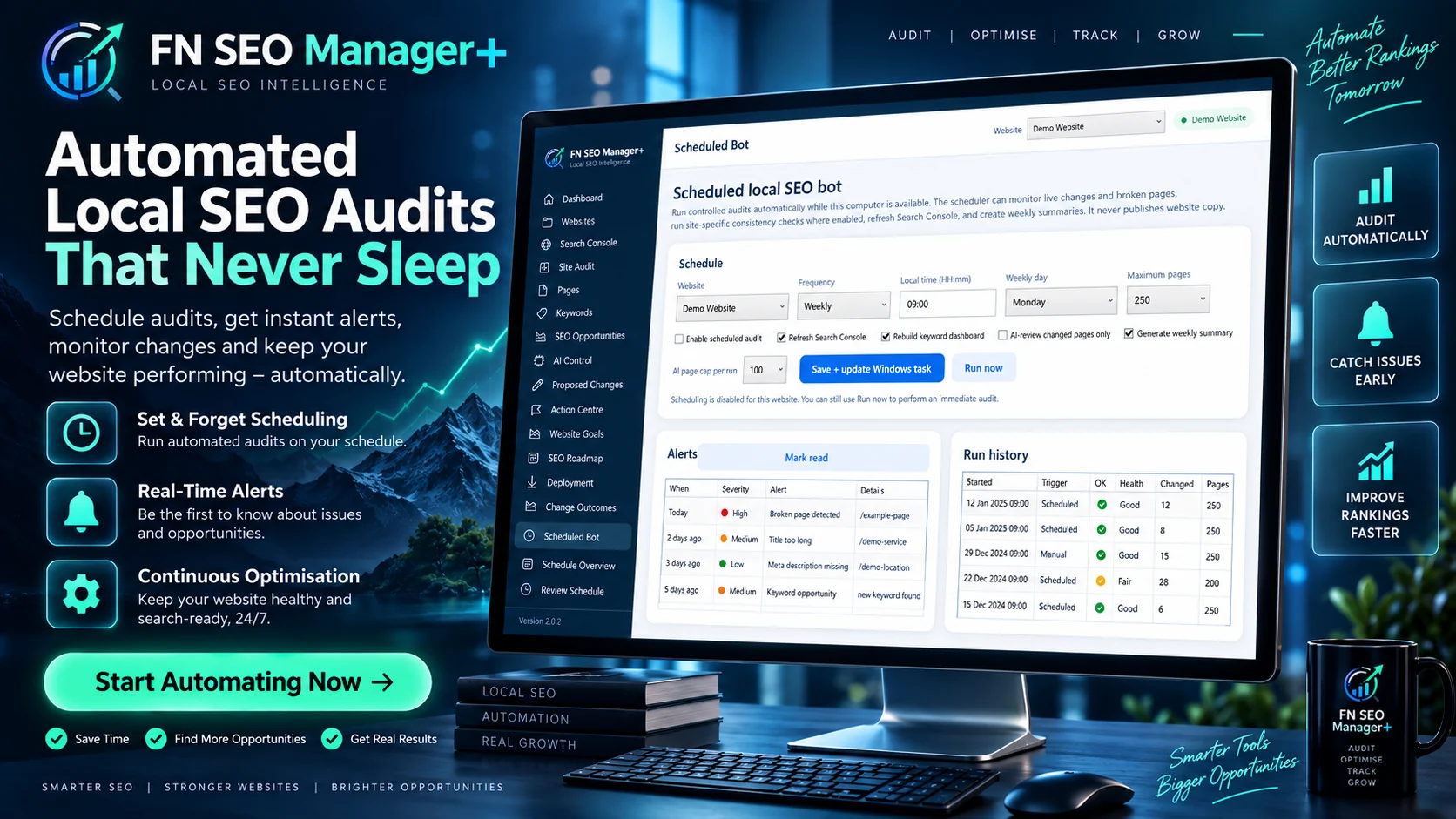 FN SEO Manager+ scheduled local SEO bot promotional view