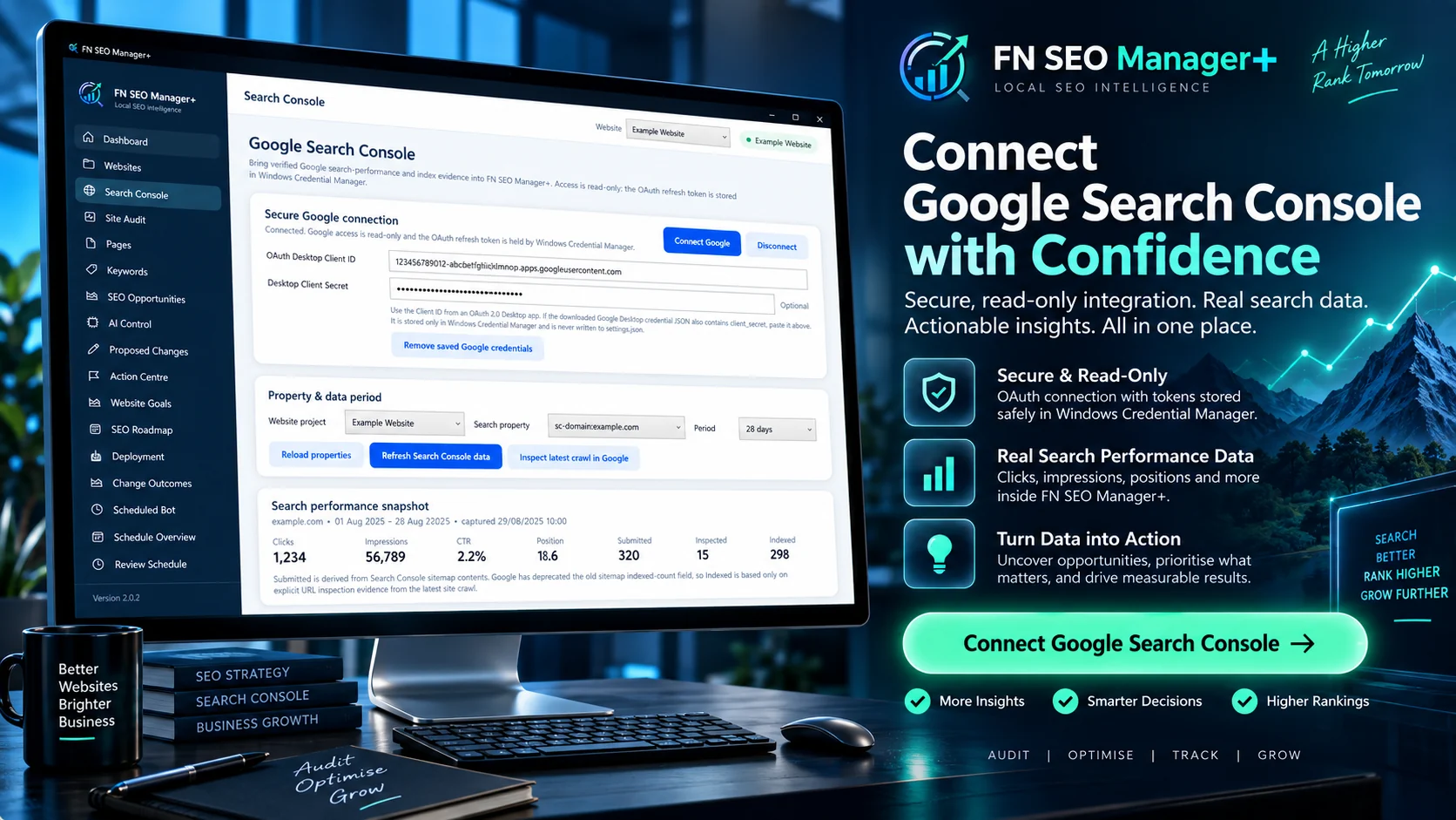 FN SEO Manager+ secure Google Search Console connection promotional view